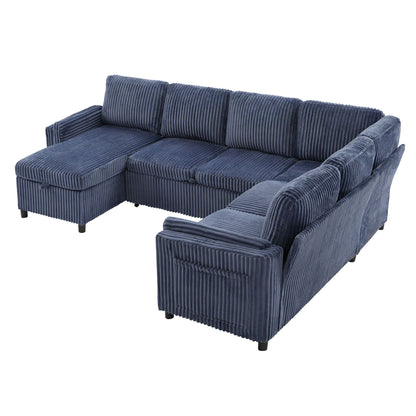 Convertible U-Shaped Sectional Sofa Bed with USB Ports and Storage in blue corduroy on Tampa Home & Garden Store