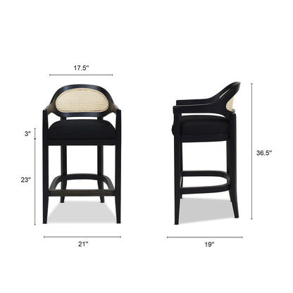 Mid-Century Cane Back Counter Stool, black frame, cane back, black seat, 24–27 in HouseOfZazla on Tampa Home & Garden Store
