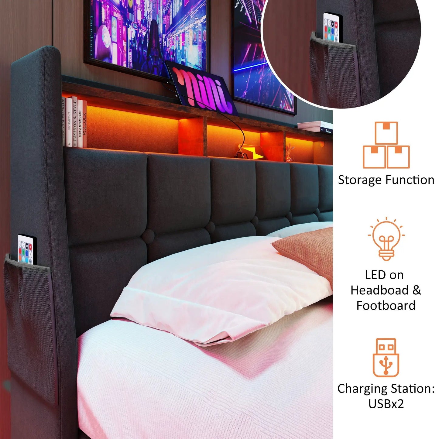 Upholstered Platform Bed With Storage USB LED