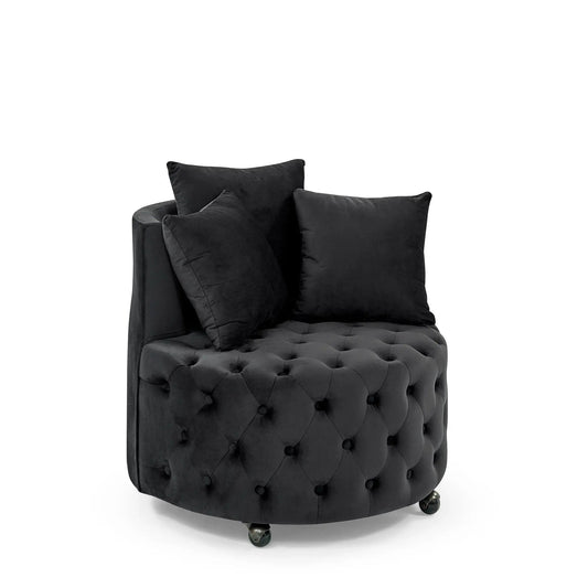 Modern upholstered swivel chair in black velvet with button tufting and rolling casters on Tampa Home & Garden Store