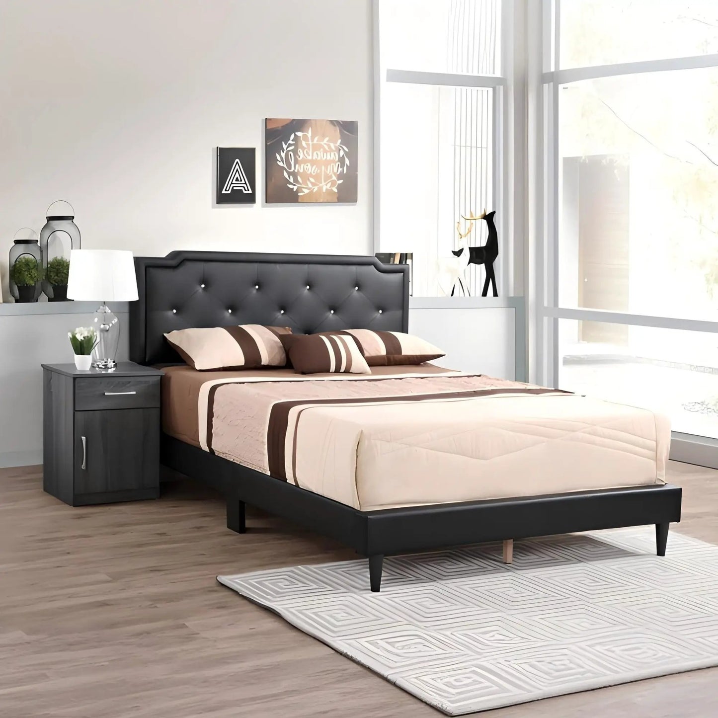 Button tufted upholstered bed in black with beige bedding and headboard; modern nightstands on Tampa Home & Garden Store