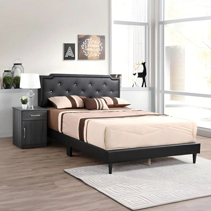 Button tufted upholstered bed in black with beige bedding and headboard; modern nightstands on Tampa Home & Garden Store