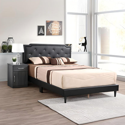 Button tufted upholstered bed with black frame and diamond headboard in charcoal on Tampa Home & Garden Store