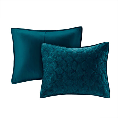Teal velvet quilt set King/Cal King, 3-piece by HouseOfZazla with geometric quilting on Tampa Home & Garden Store