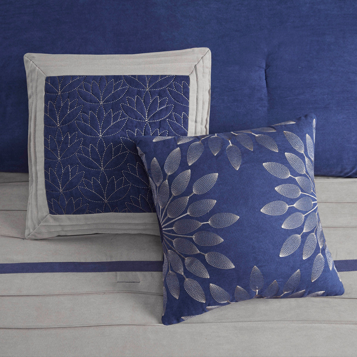 7 PC Pieced Faux Suede Comforter Set navy blue with quilted leaf panel and silver leaf pillows on Tampa Home & Garden Store
