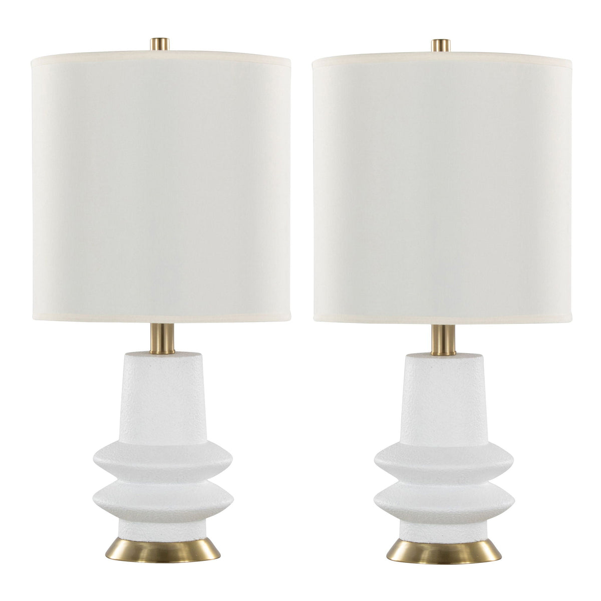 Lloyd contemporary lamp set of 2 with white textured ceramic bases, brass accents and ivory shades on Tampa Home & Garden Store