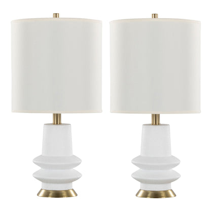 Lloyd contemporary lamp set of 2 with white textured ceramic bases, brass accents and ivory shades on Tampa Home & Garden Store
