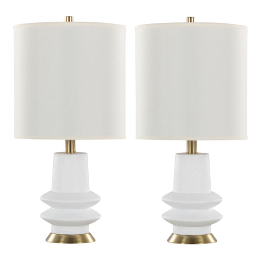 Lloyd contemporary lamp set of 2 with white textured ceramic bases, brass accents and ivory shades on Tampa Home & Garden Store