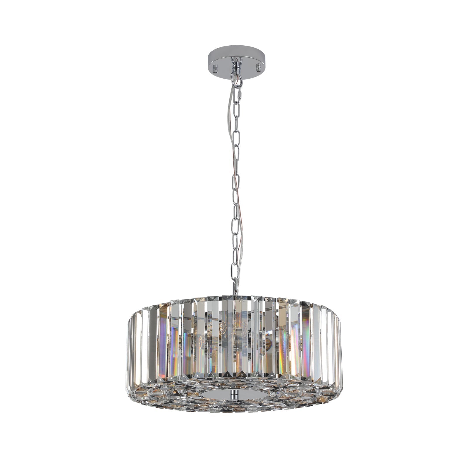 17' Chrome Crystal Pendant Chandelier by HouseOfZazla with crystal prism ring and chrome chain on Tampa Home & Garden Store