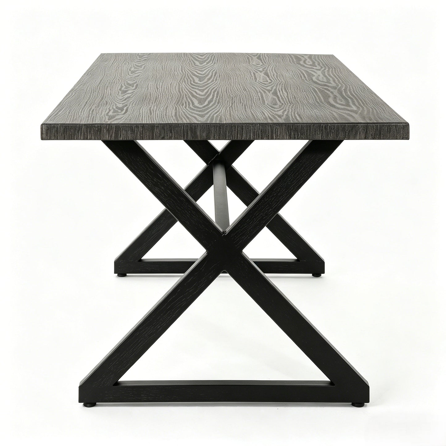 Outdoor dining table with dark woodgrain top and black crisscross metal base on Tampa Home & Garden Store
