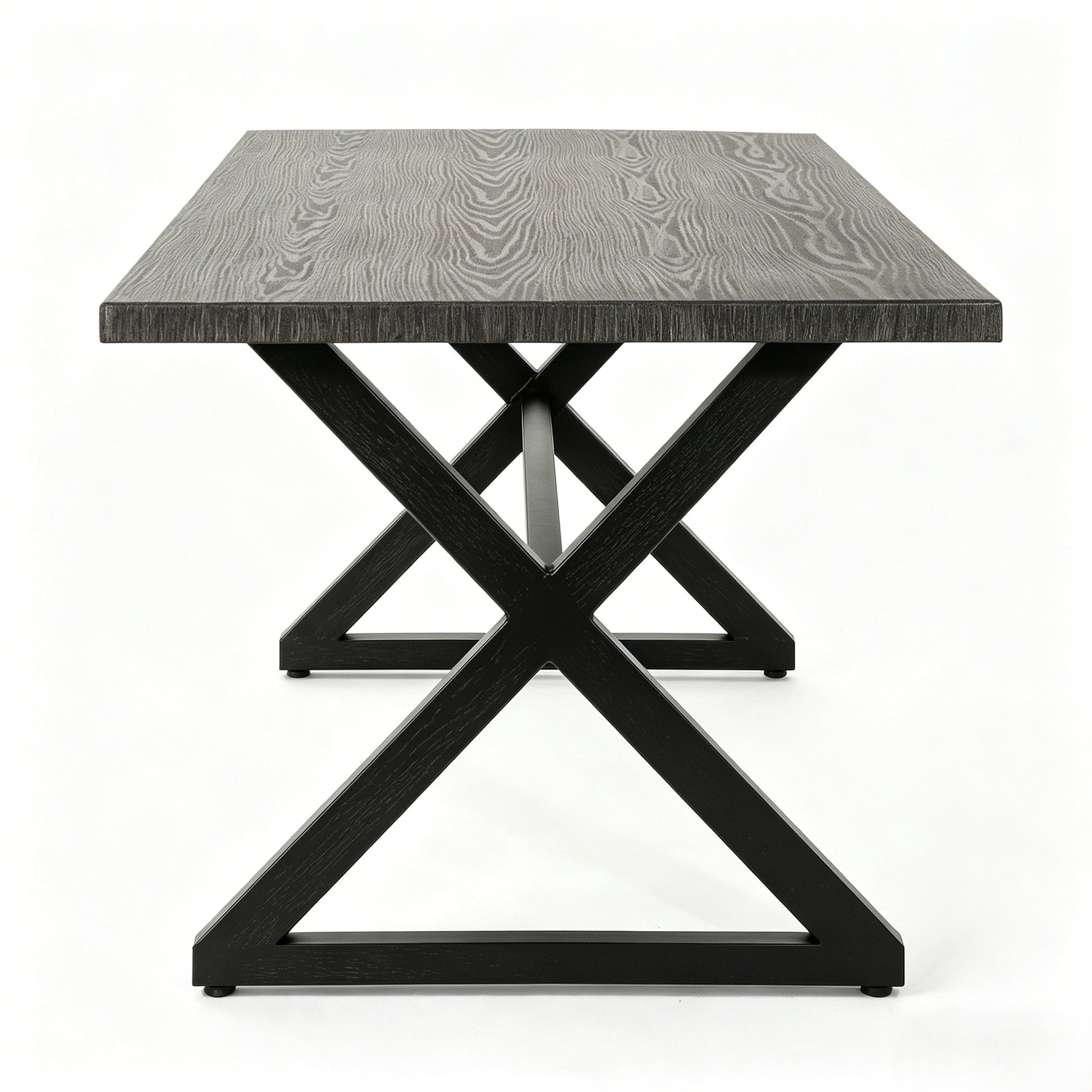 Outdoor dining table with dark woodgrain top and black crisscross metal base on Tampa Home & Garden Store