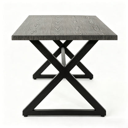 Outdoor dining table with dark woodgrain top and black crisscross metal base on Tampa Home & Garden Store