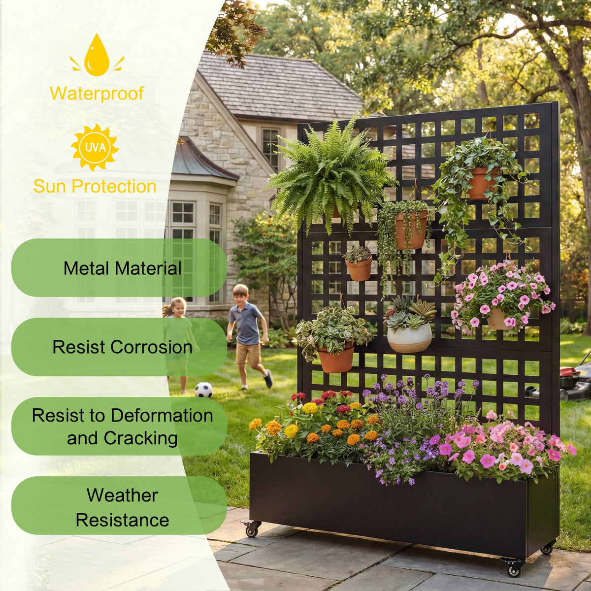 Metal Raised Garden Bed with Wheels and Trellis Black with hanging pots on Tampa Home & Garden Store