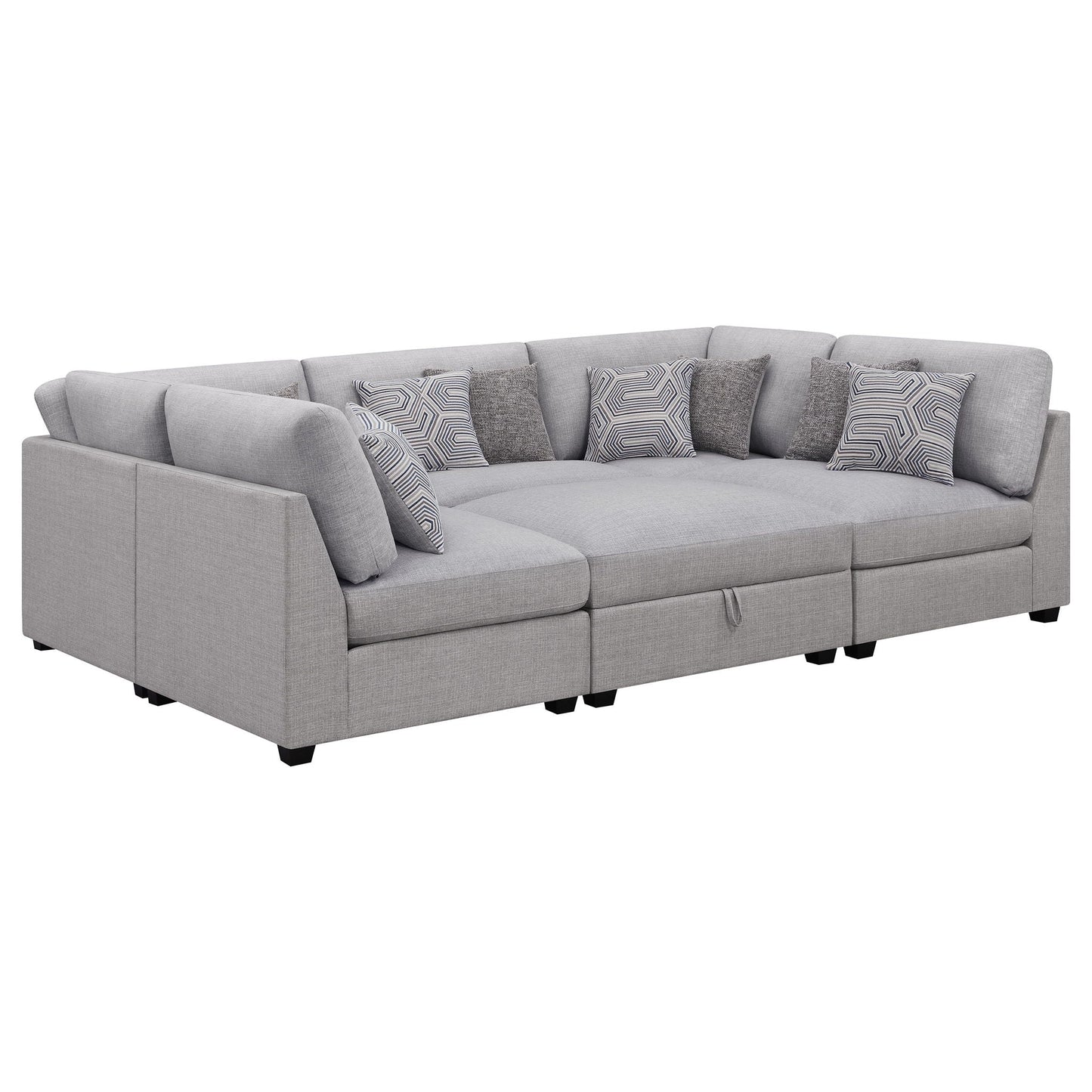 Lafayette modular sectional sofa, 2-piece set in light gray fabric with patterned throw pillows on Tampa Home & Garden Store