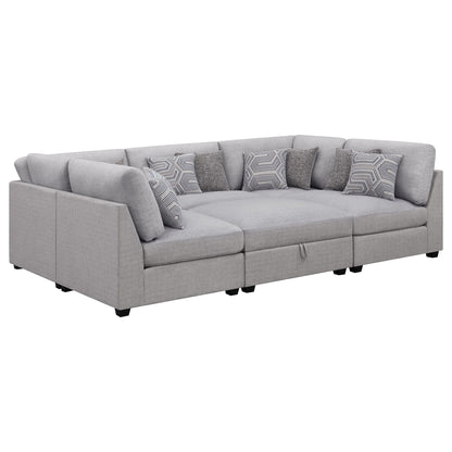 Lafayette modular sectional sofa, 2-piece set in light gray fabric with patterned throw pillows on Tampa Home & Garden Store