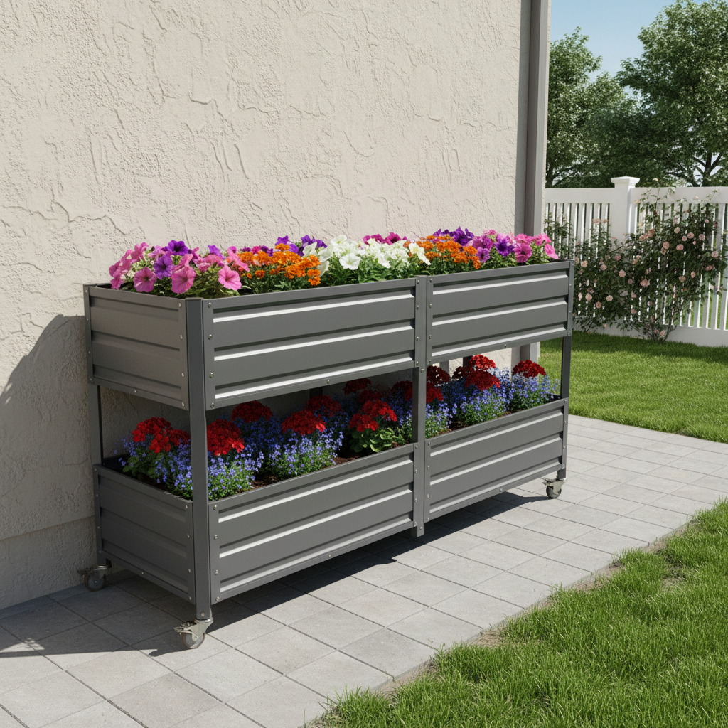 Dual-tier metal raised garden bed on lockable wheels in grey with two bays HouseOfZazla on Tampa Home & Garden Store