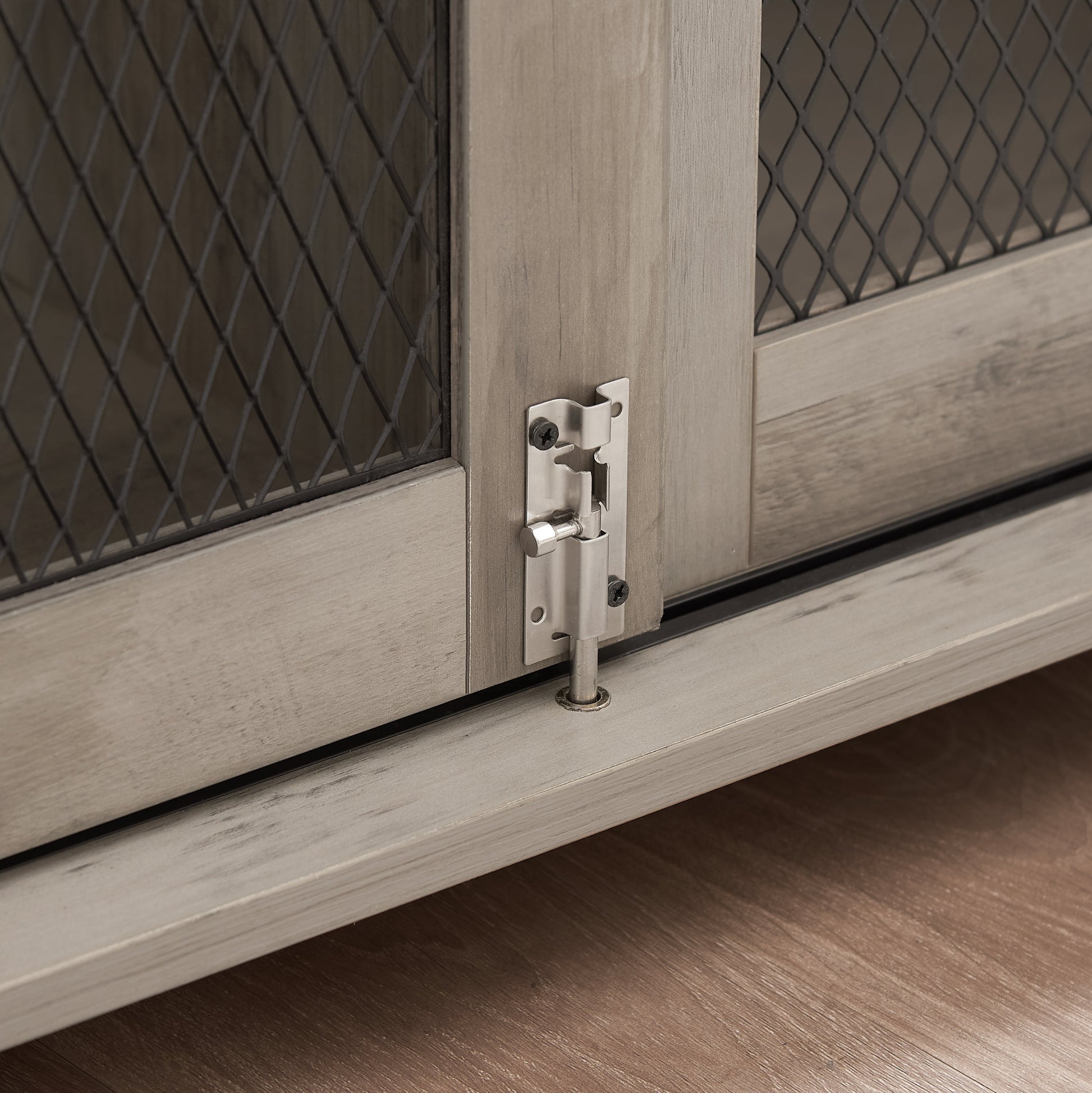 Farmhouse dog crate cabinet with sliding barn door in gray wood and metal mesh by HouseOfZazla on Tampa Home & Garden Store