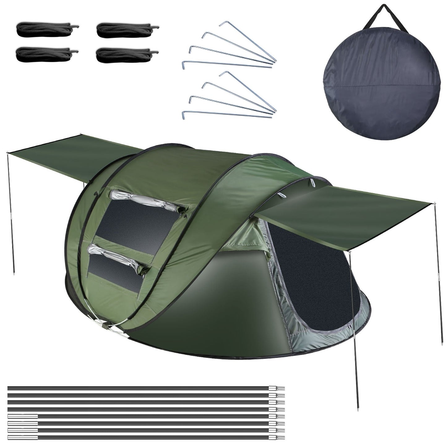 GemGear 3-4 Person Pop Up Tent green waterproof auto-setup with 2 mosquito net windows carry bag on Tampa Home & Garden Store
