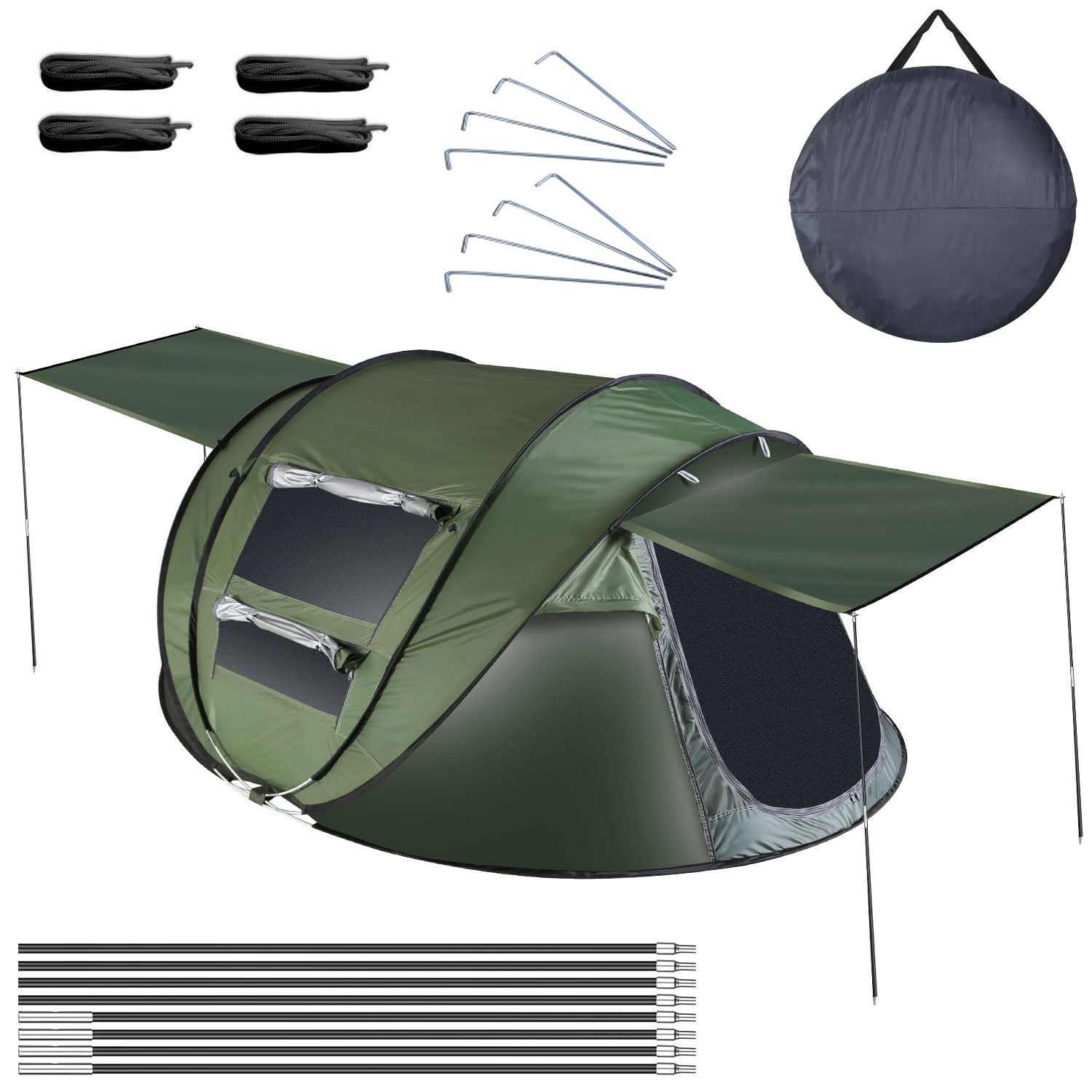 GemGear 3-4 Person Pop Up Tent green waterproof auto-setup with 2 mosquito net windows carry bag on Tampa Home & Garden Store