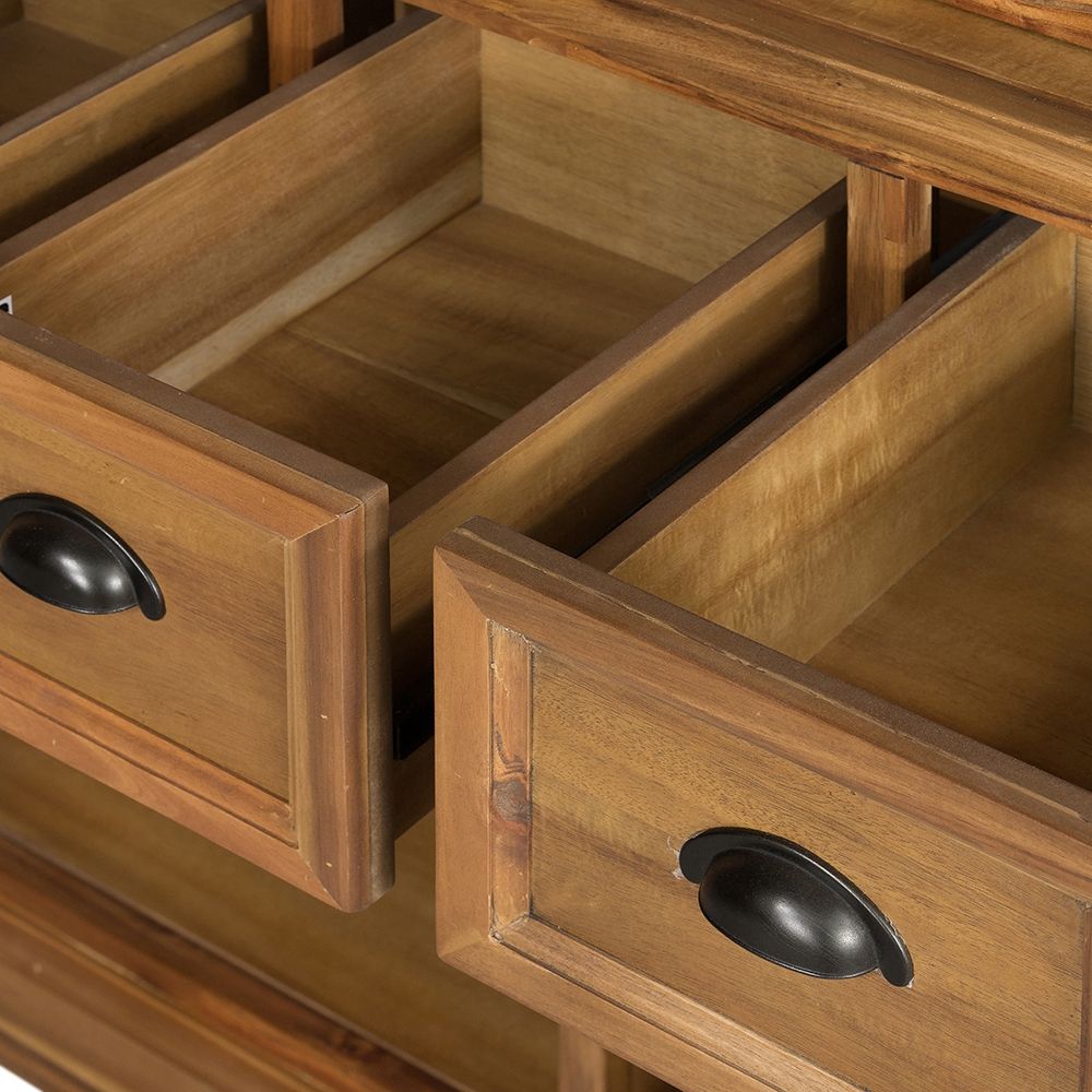 Solid acacia wood accent cabinet with two open drawers and black cup pulls on Tampa Home & Garden Store
