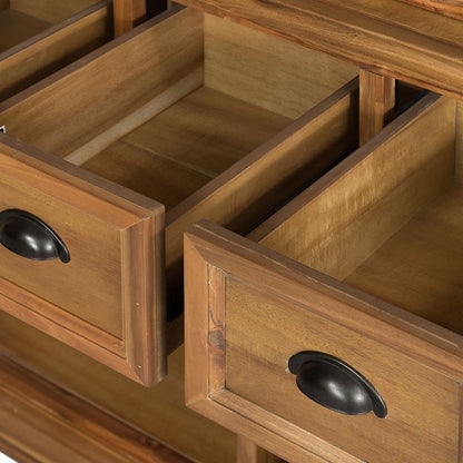 Solid acacia wood accent cabinet with two open drawers and black cup pulls on Tampa Home & Garden Store