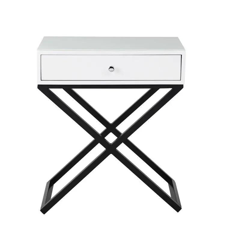 Koda end side table nightstand with white drawer and black cross metal base on Tampa Home & Garden Store