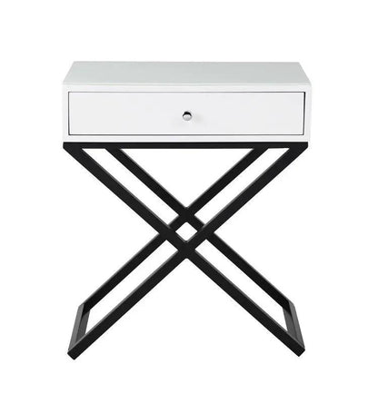 Koda end side table nightstand with white drawer and black cross metal base on Tampa Home & Garden Store