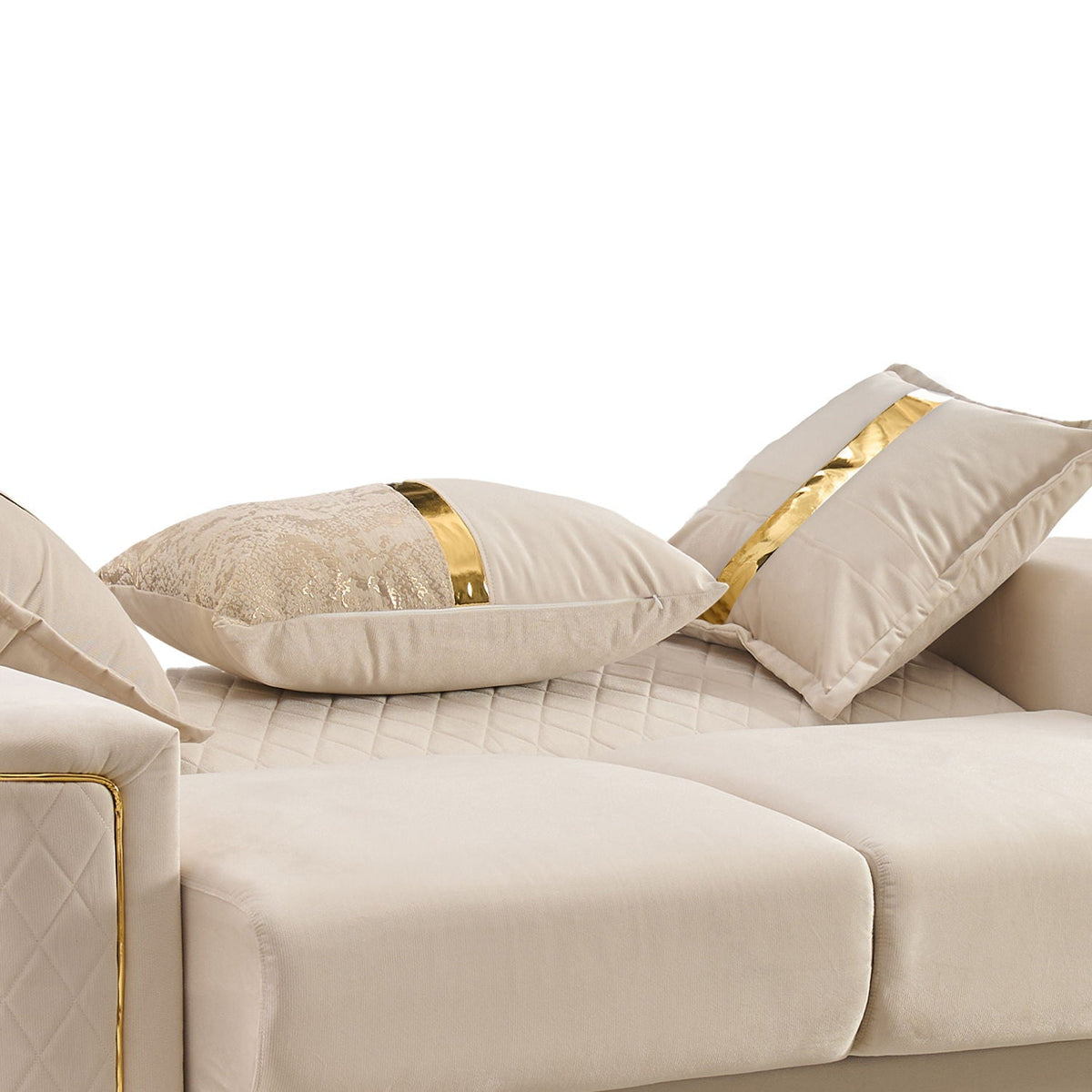 Upholstered living room sofa with beige fabric and gold-tone leg accents on Tampa Home & Garden Store