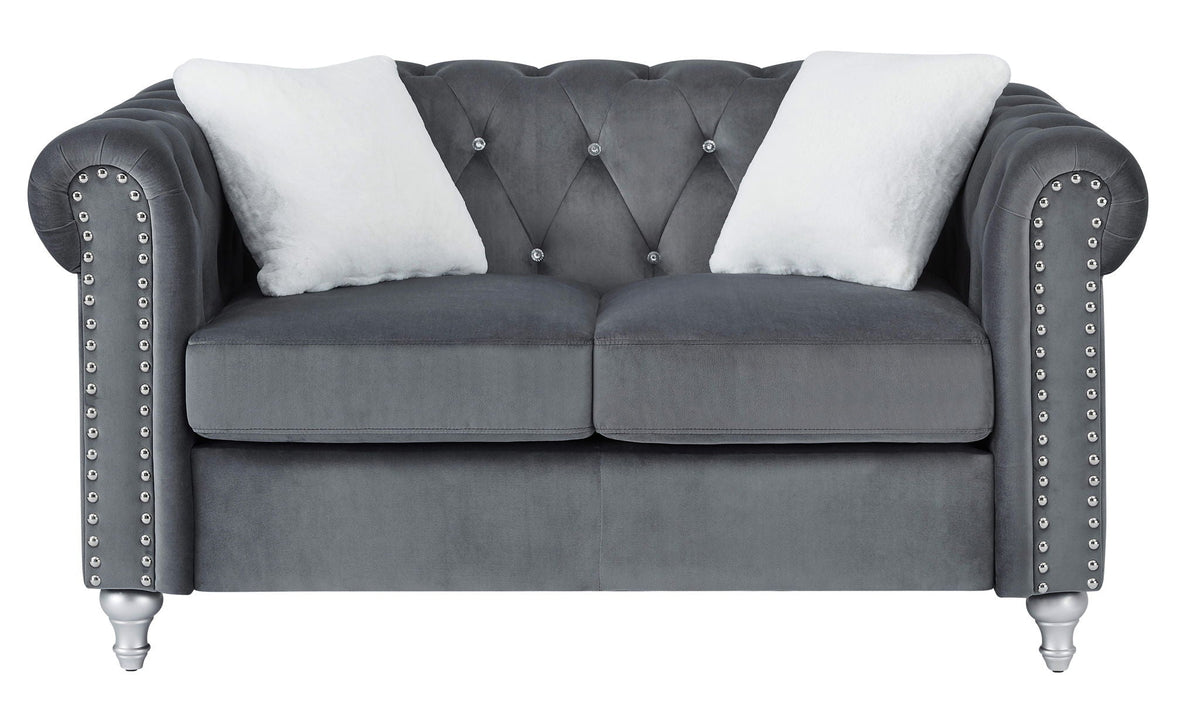 HouseOfZazla jeweled tufted gray velvet loveseat with studded arms and white pillows on Tampa Home & Garden Store