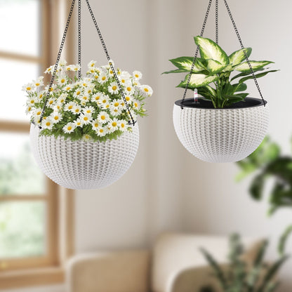 Self Watering Hanging Planter white wicker basket with chain holding daisies and pothos on Tampa Home & Garden Store