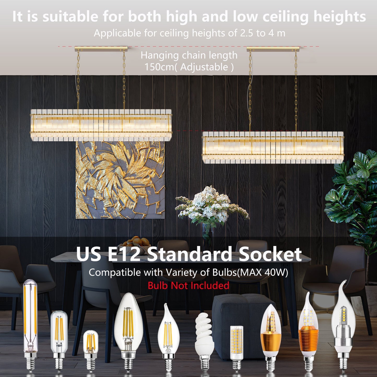 Modern Rectangular Crystal Glass 10-Light Chandeliers 2 units hanging from gold chains on Tampa Home & Garden Store