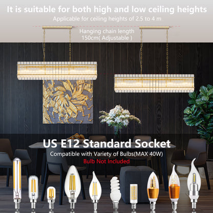Modern Rectangular Crystal Glass 10-Light Chandeliers 2 units hanging from gold chains on Tampa Home & Garden Store