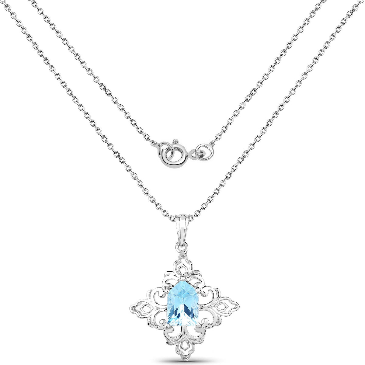 6.10ct Swiss blue topaz pendant in an ornate sterling silver filigree frame on a double chain on Tampa Home & Garden Store