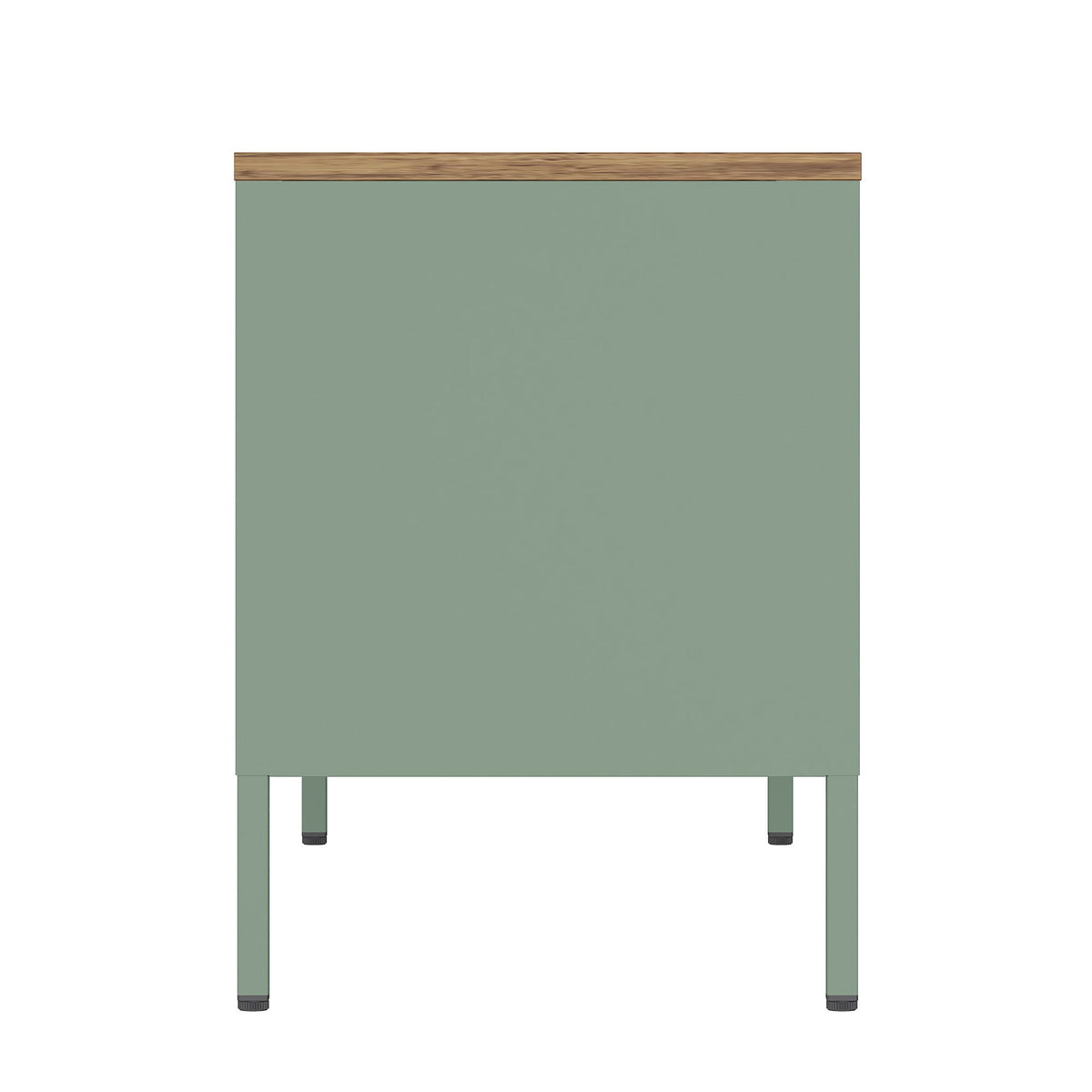 Storage cabinet TV stand with steel frame, sage green body and natural wood top on Tampa Home & Garden Store