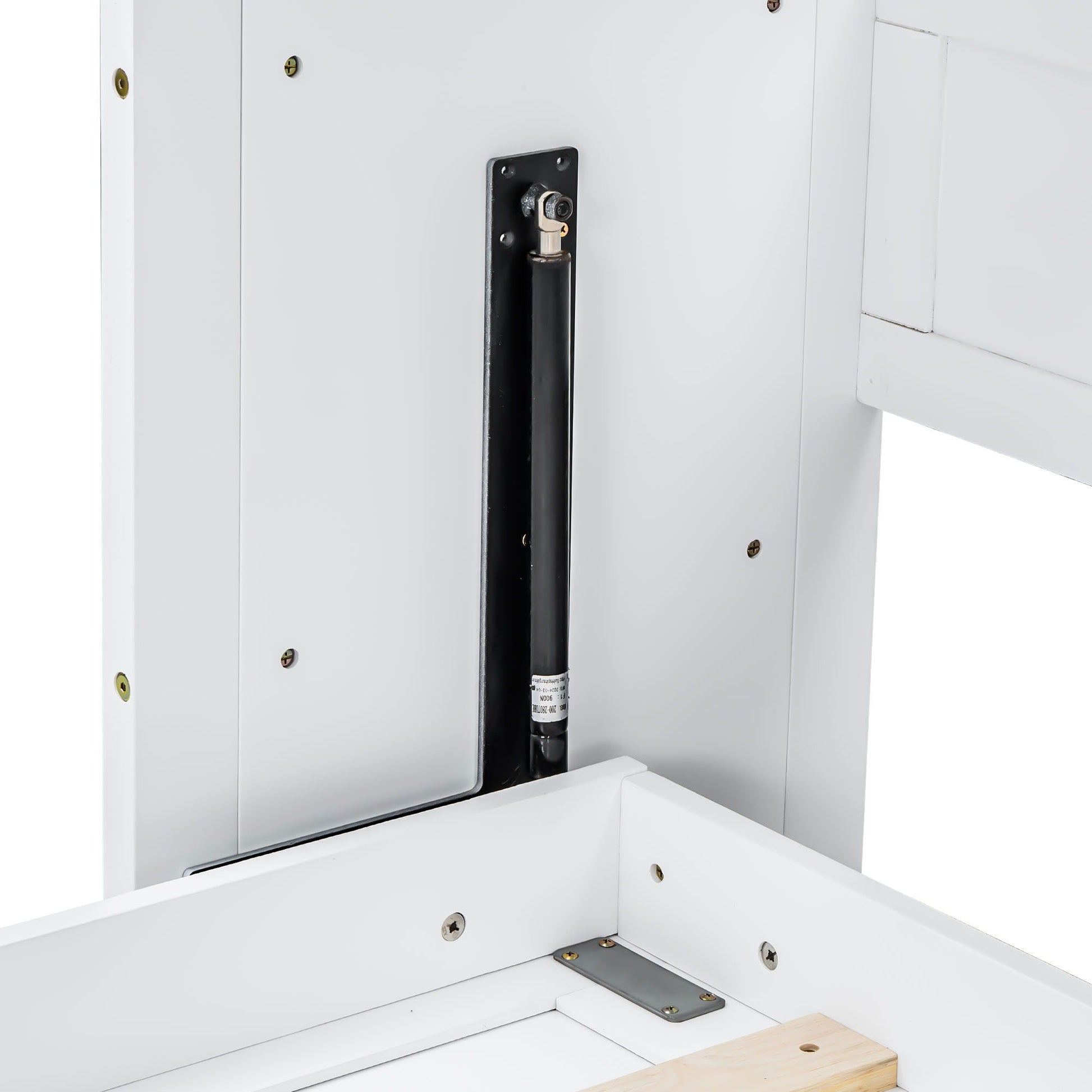 Murphy bed with desk white finish shown with black lift piston hardware on Tampa Home & Garden Store