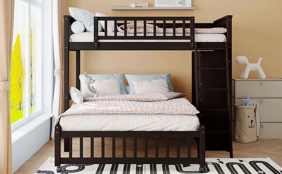 Bunk bed with twin top, full bottom, 6-drawer, wheels on bottom bed on Tampa Home & Garden Store