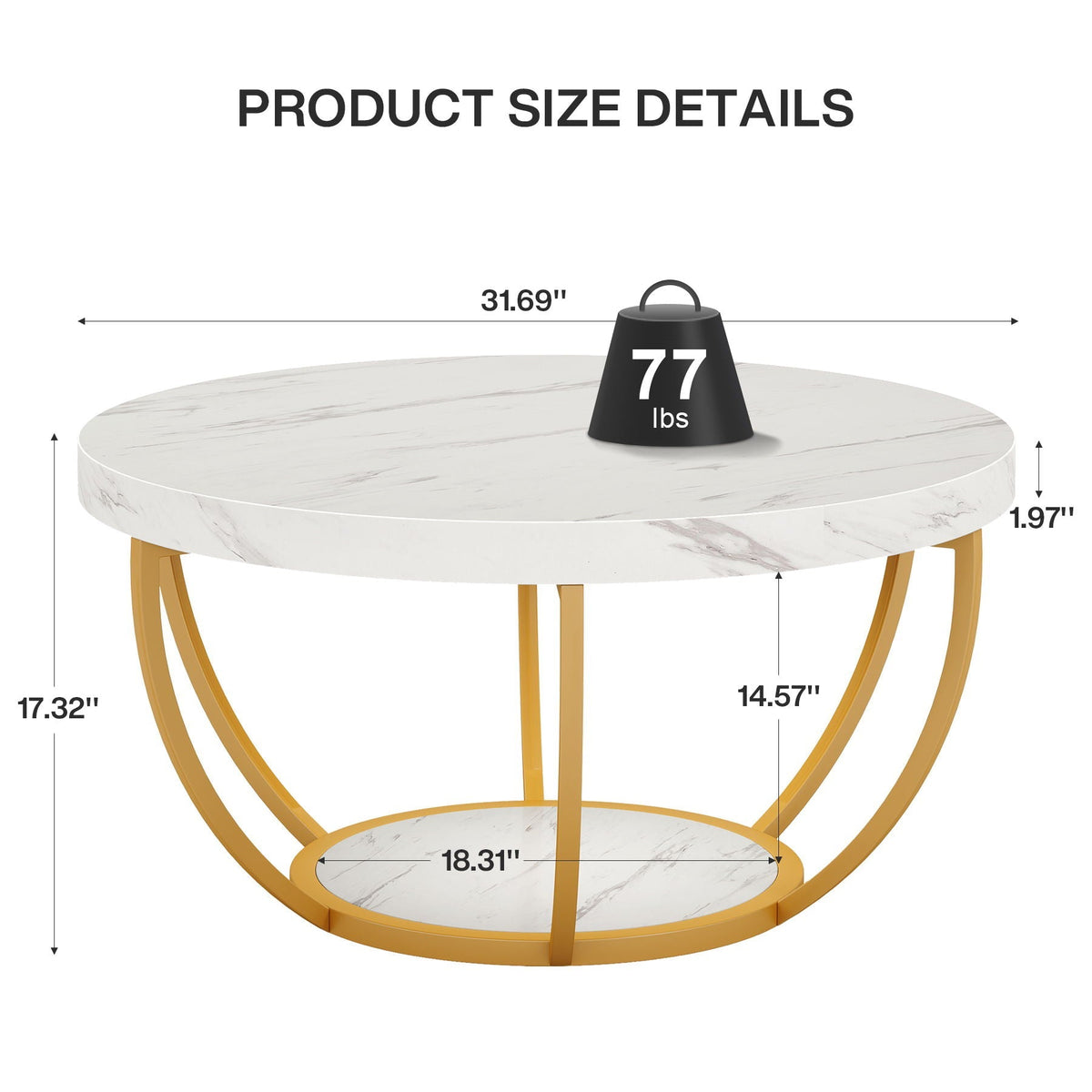 2 Tier Circle Coffee Table with Marble White top and gold legs storage shelves on Tampa Home & Garden Store