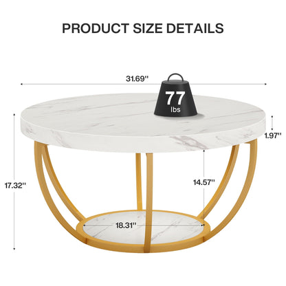 2 Tier Circle Coffee Table with Marble White top and gold legs storage shelves on Tampa Home & Garden Store