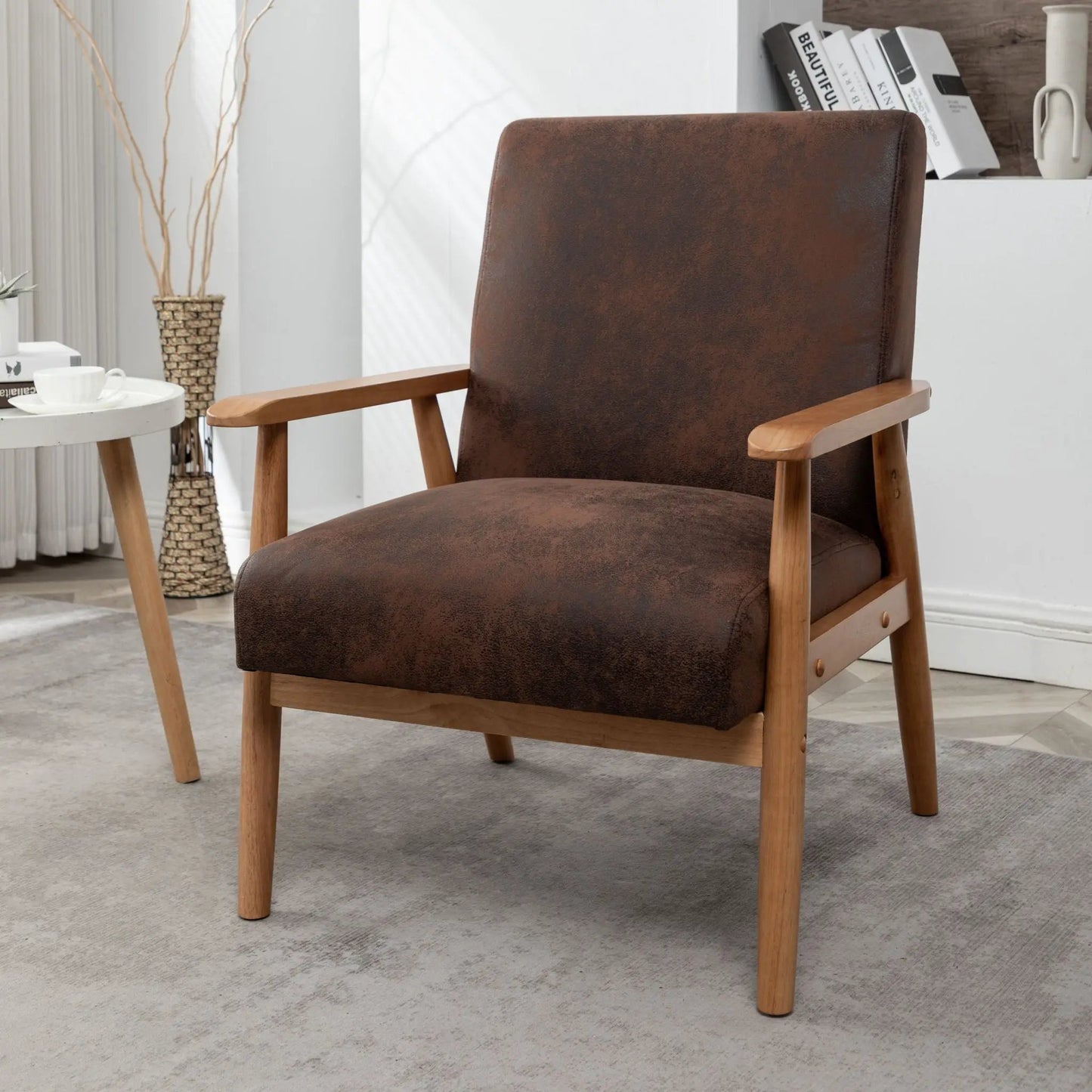 Brown Wide Arm Chair Solid Wood Frame Upholstery