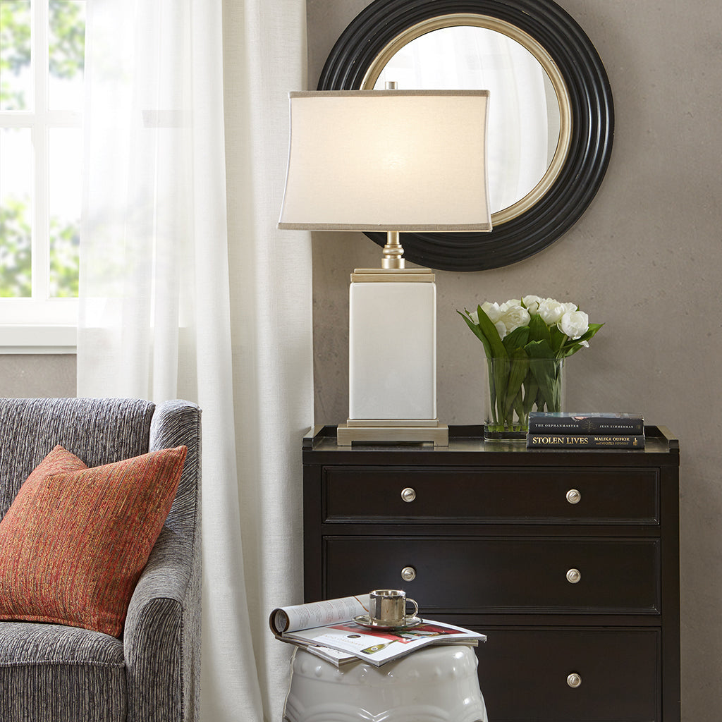 Rectangular ceramic table lamp by HouseOfZazla with beige shade on dark wood dresser on Tampa Home & Garden Store