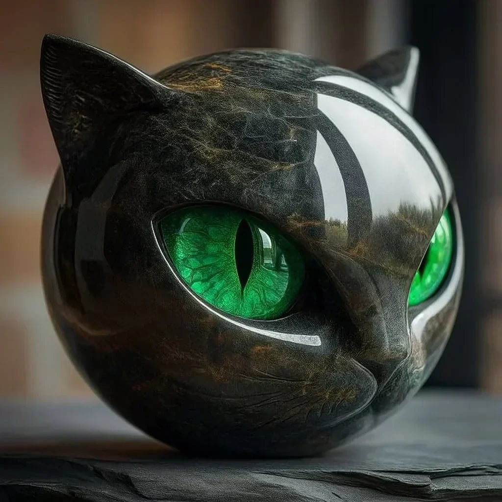 Cat Head Decorative Sculpture black stone finish with vivid green eyes Moktan Sabai on Tampa Home & Garden Store