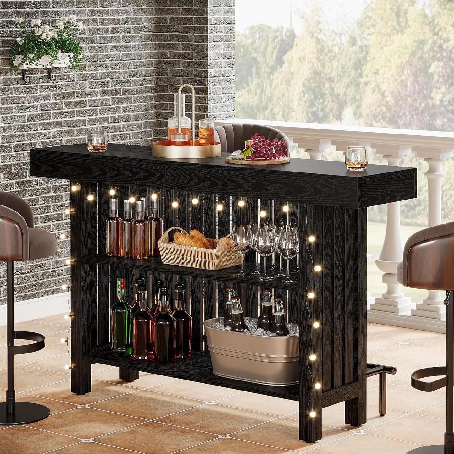 2-tier black mini bar table with wood-grain finish, upper tray and bottle/glass shelves on Tampa Home & Garden Store