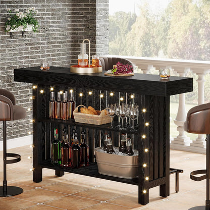 2-tier black mini bar table with wood-grain finish, upper tray and bottle/glass shelves on Tampa Home & Garden Store