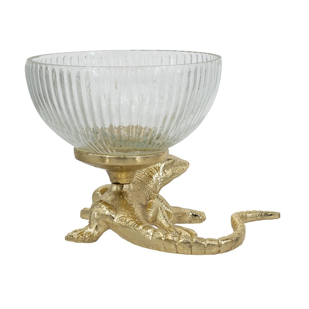 Gold lizard pedestal bowl with ribbed glass dish by HouseOfZazla, decorative object on Tampa Home & Garden Store