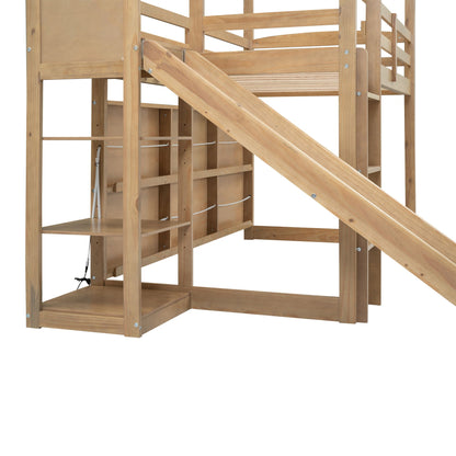 HouseOfZazla loft bed with slide, climbing ramp and storage shelves in natural wood on Tampa Home & Garden Store