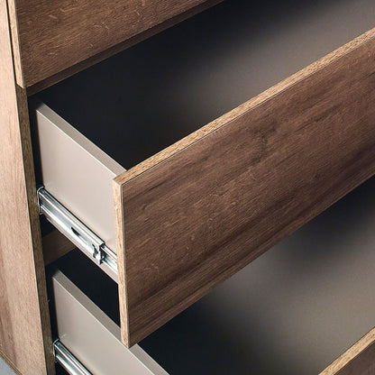 Contemporary wood accent chest in dark brown with an open drawer and metal glide on Tampa Home & Garden Store