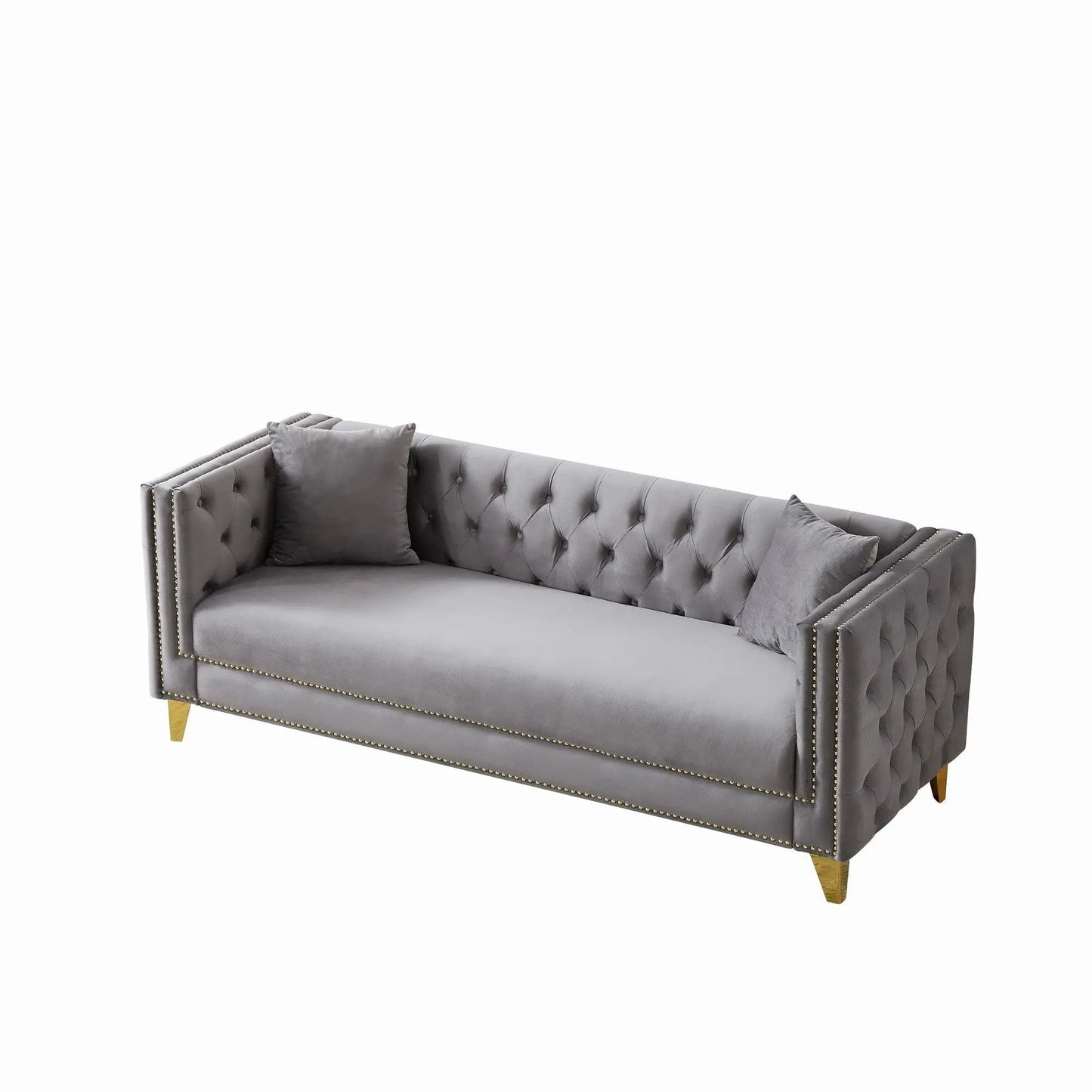 3-seat deep-seat sofa with button tufting, nailhead trim, square arms, gold legs on Tampa Home & Garden Store