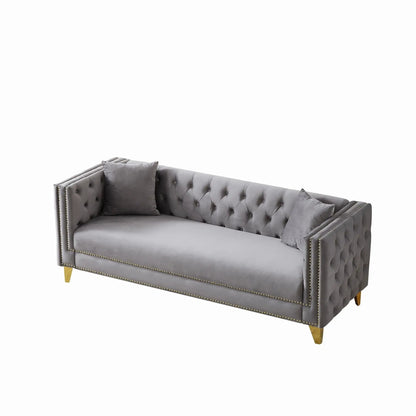 3-seat deep-seat sofa with button tufting, nailhead trim, square arms, gold legs on Tampa Home & Garden Store