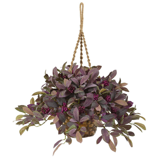 28” Fall Laurel Leaf with Berries Artificial Plant in Hanging Basket - Tampa Home & Garden Store