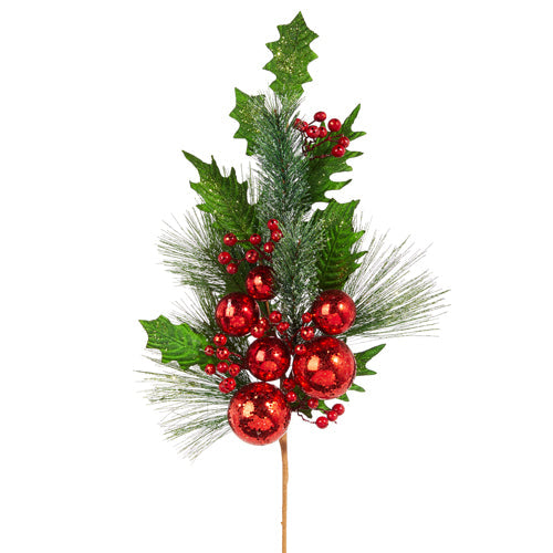 28" Pine, Holly and Red Ball Ornament  Spray - Tampa Home & Garden Store
